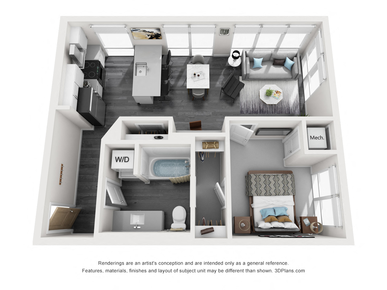 Floor plan for 1 bed, 1 bath, 672 sqft